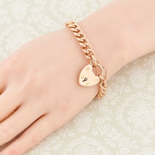 ANTIQUE 9CT GOLD CURB BRACELET WITH HEART PADLOCK - ADDITIONAL PHOTO 1