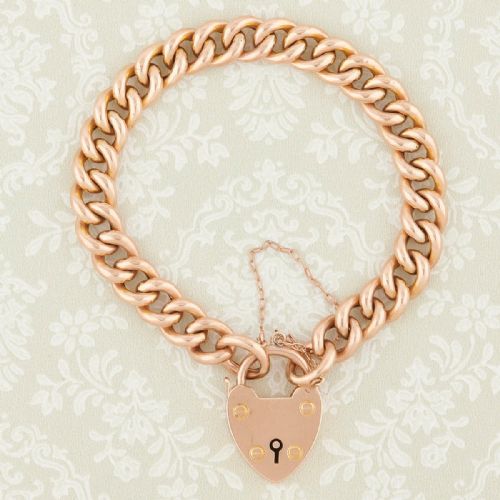 ANTIQUE 9CT GOLD CURB BRACELET WITH HEART PADLOCK - ADDITIONAL PHOTO 2