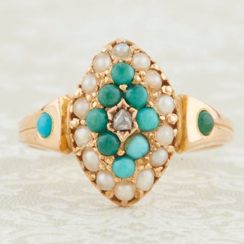 victorian 18ct gold turquoise and pearl marquise ring - CATEGORY: ANTIQUE JEWELLERY - DATED 1870