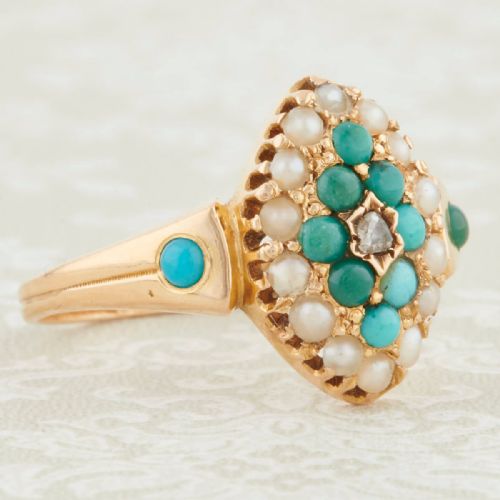 VICTORIAN 18CT GOLD TURQUOISE AND PEARL MARQUISE RING - ADDITIONAL PHOTO 1