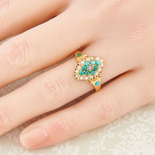 VICTORIAN 18CT GOLD TURQUOISE AND PEARL MARQUISE RING - ADDITIONAL PHOTO 2