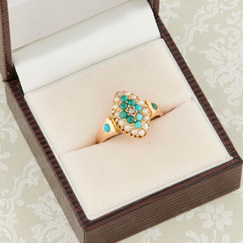 VICTORIAN 18CT GOLD TURQUOISE AND PEARL MARQUISE RING - ADDITIONAL PHOTO 7