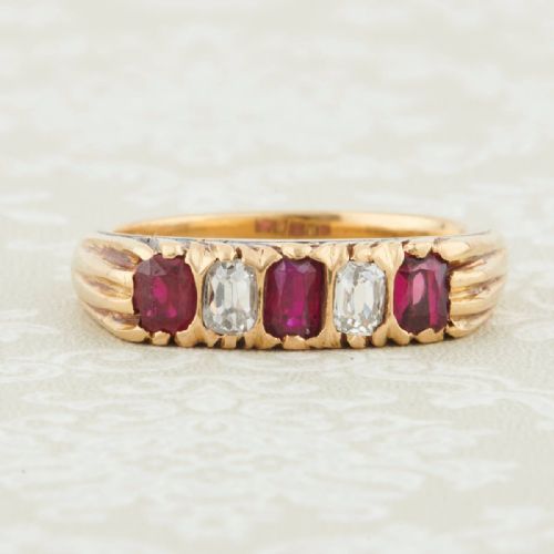 art deco french 18ct gold ruby and diamond 5 stone ring - CATEGORY: ANTIQUE JEWELLERY - DATED 1920