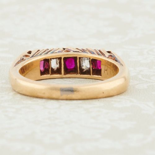 ART DECO FRENCH 18CT GOLD RUBY AND DIAMOND 5 STONE RING - ADDITIONAL PHOTO 4
