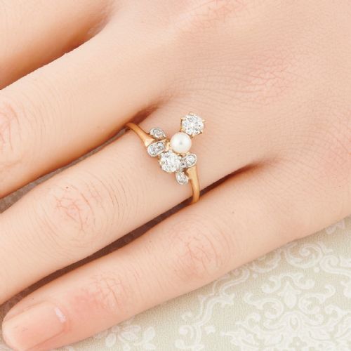 ART NOUVEAU 14CT GOLD PEARL AND DIAMOND COCKTAIL RING - ADDITIONAL PHOTO 1