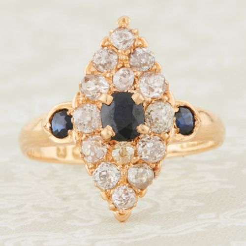 victorian 18ct gold sapphire diamond marquise cluster ring - CATEGORY: ANTIQUE JEWELLERY - DATED VICTORIAN