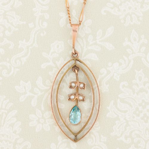 art nouveau 9ct gold blue paste and pearl pendant with chain - CATEGORY: ANTIQUE JEWELLERY - DATED 1900