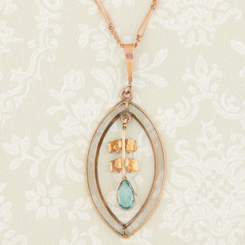 ART NOUVEAU 9CT GOLD BLUE PASTE AND PEARL PENDANT WITH CHAIN - ADDITIONAL PHOTO 2