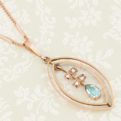 ART NOUVEAU 9CT GOLD BLUE PASTE AND PEARL PENDANT WITH CHAIN - ADDITIONAL PHOTO 3