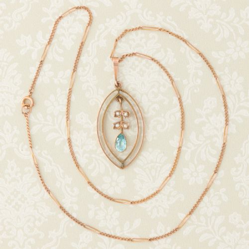ART NOUVEAU 9CT GOLD BLUE PASTE AND PEARL PENDANT WITH CHAIN - ADDITIONAL PHOTO 5