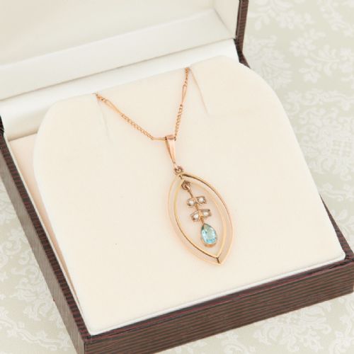ART NOUVEAU 9CT GOLD BLUE PASTE AND PEARL PENDANT WITH CHAIN - ADDITIONAL PHOTO 6