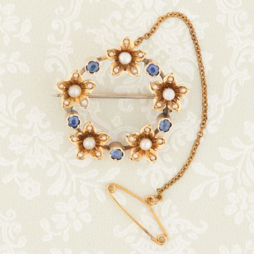 victorian 15ct gold sapphire pearl round brooch - CATEGORY: ANTIQUE JEWELLERY - DATED 1890
