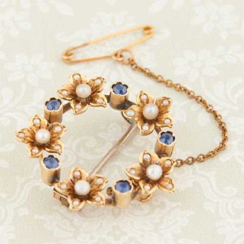 VICTORIAN 15CT GOLD SAPPHIRE PEARL ROUND BROOCH - ADDITIONAL PHOTO 1