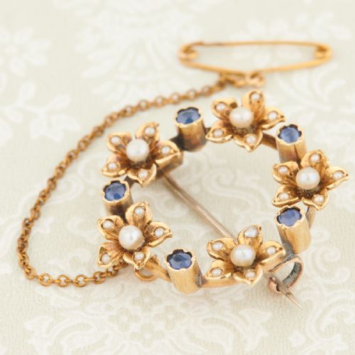 VICTORIAN 15CT GOLD SAPPHIRE PEARL ROUND BROOCH - ADDITIONAL PHOTO 2
