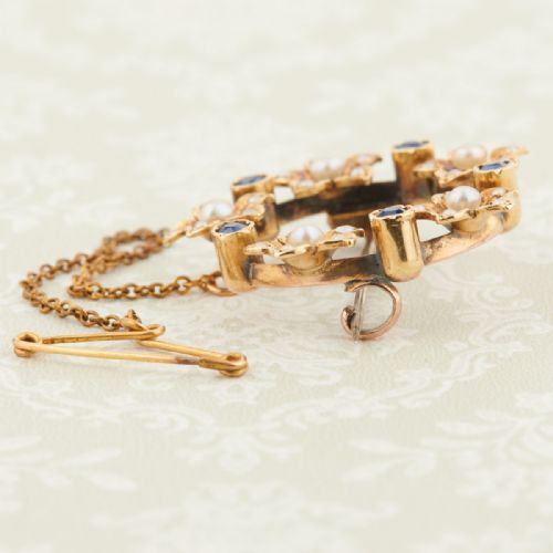 VICTORIAN 15CT GOLD SAPPHIRE PEARL ROUND BROOCH - ADDITIONAL PHOTO 3