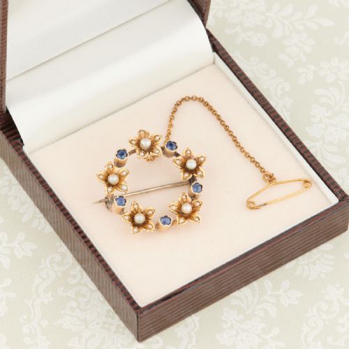 VICTORIAN 15CT GOLD SAPPHIRE PEARL ROUND BROOCH - ADDITIONAL PHOTO 6