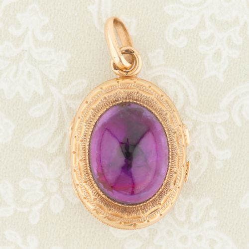 victorian 18ct gold cabochon amethyst engraved locket - CATEGORY: ANTIQUE JEWELLERY - DATED 1890