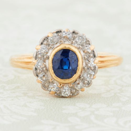 antique 18ct gold sapphire and diamond cluster ring - CATEGORY: ANTIQUE JEWELLERY - DATED 1890