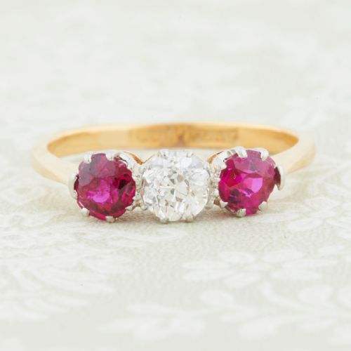 antique 18ct gold ruby and diamond 3 stone ring - CATEGORY: ANTIQUE JEWELLERY - DATED 1890