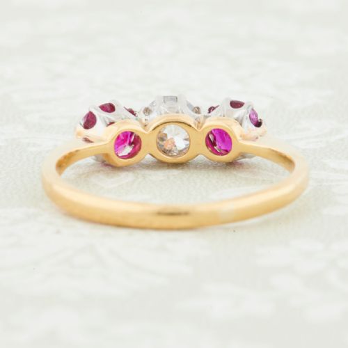 ANTIQUE 18CT GOLD RUBY AND DIAMOND 3 STONE RING - ADDITIONAL PHOTO 4
