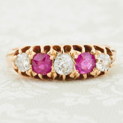 antique 18ct gold ruby and diamond 5 stone ring - CATEGORY: ANTIQUE JEWELLERY - DATED 1900