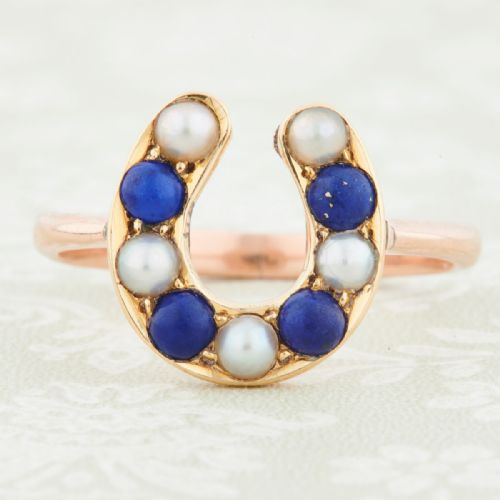 antique 18ct and 9ct gold pearl and lapis lazuli horseshoe ring - CATEGORY: ANTIQUE JEWELLERY - DATED 1900