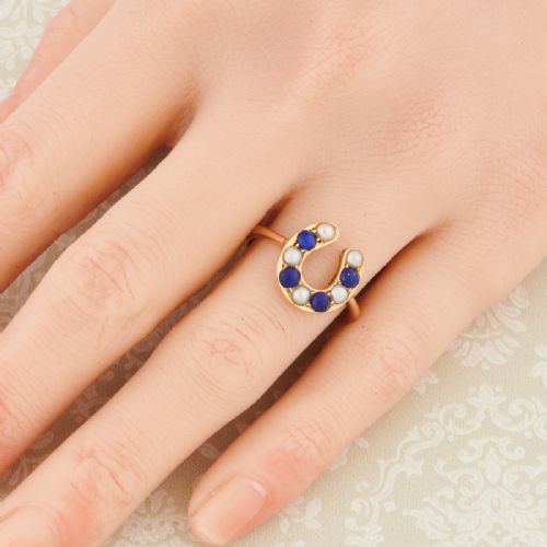 ANTIQUE 18CT AND 9CT GOLD PEARL AND LAPIS LAZULI HORSESHOE RING - ADDITIONAL PHOTO 1