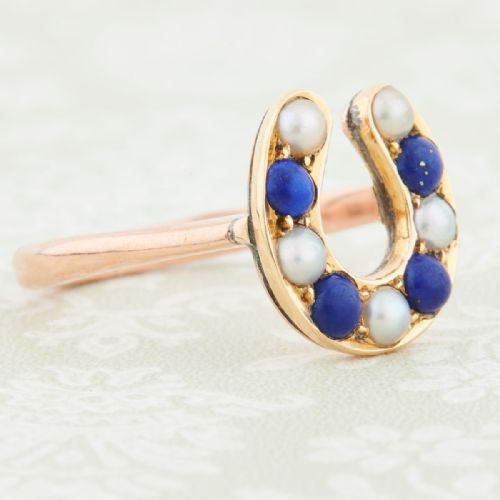 ANTIQUE 18CT AND 9CT GOLD PEARL AND LAPIS LAZULI HORSESHOE RING - ADDITIONAL PHOTO 2