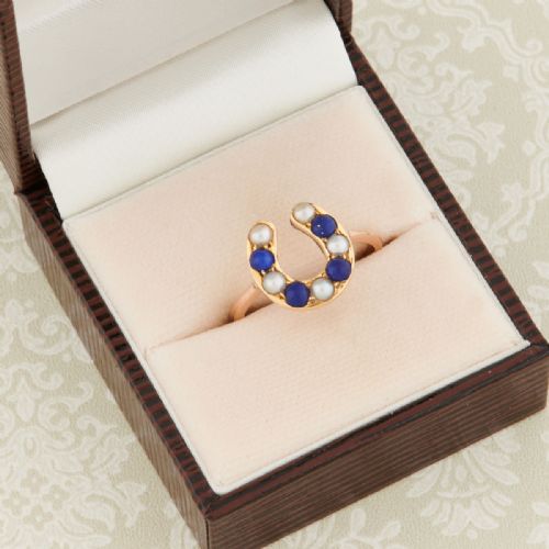 ANTIQUE 18CT AND 9CT GOLD PEARL AND LAPIS LAZULI HORSESHOE RING - ADDITIONAL PHOTO 6