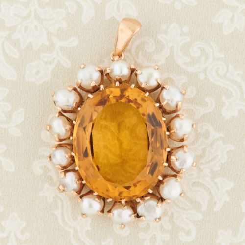 9ct gold large citrine and pearl pendant - CATEGORY: ANTIQUE JEWELLERY - DATED 1900