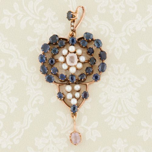 victorian 9ct gold sapphire pearl and spinel pendant - CATEGORY: ANTIQUE JEWELLERY - DATED 1890