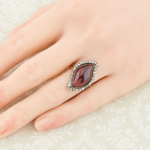 GEORGIAN 18CT GOLD CABOCHON GARNET DIAMOND RING - ADDITIONAL PHOTO 1