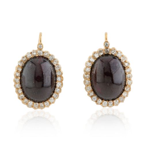 18ct gold cabochon garnet diamond earrings - CATEGORY: ANTIQUE JEWELLERY - DATED VICTORIAN