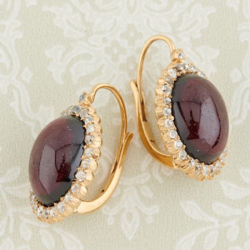 18CT GOLD CABOCHON GARNET DIAMOND EARRINGS - ADDITIONAL PHOTO 2