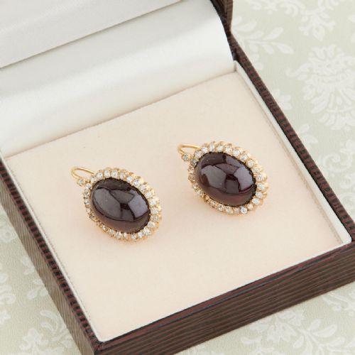 18CT GOLD CABOCHON GARNET DIAMOND EARRINGS - ADDITIONAL PHOTO 6