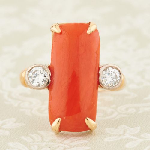 18ct gold coral and diamond 3 stone ring - CATEGORY: ANTIQUE JEWELLERY - DATED 1910