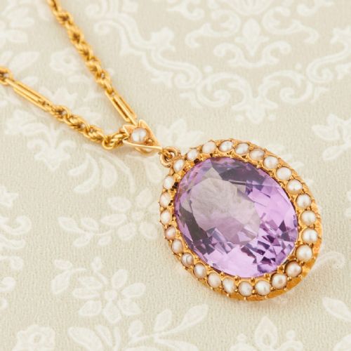 15ct gold amethyst and pearl pendant with chain - CATEGORY: ANTIQUE JEWELLERY - DATED 1900