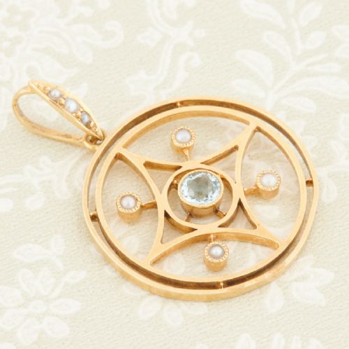 15ct gold aquamarine and pearl circular pendant - CATEGORY: ANTIQUE JEWELLERY - DATED 1910