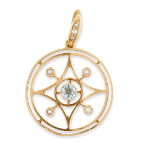 15CT GOLD AQUAMARINE AND PEARL CIRCULAR PENDANT - ADDITIONAL PHOTO 2