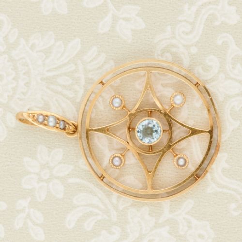 15CT GOLD AQUAMARINE AND PEARL CIRCULAR PENDANT - ADDITIONAL PHOTO 3