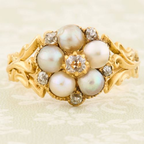 victorian 18ct gold pearl diamond daisy cluster ring - CATEGORY: ANTIQUE JEWELLERY - DATED VICTORIAN