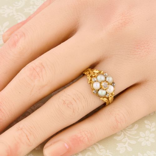 VICTORIAN 18CT GOLD PEARL DIAMOND DAISY CLUSTER RING - ADDITIONAL PHOTO 1