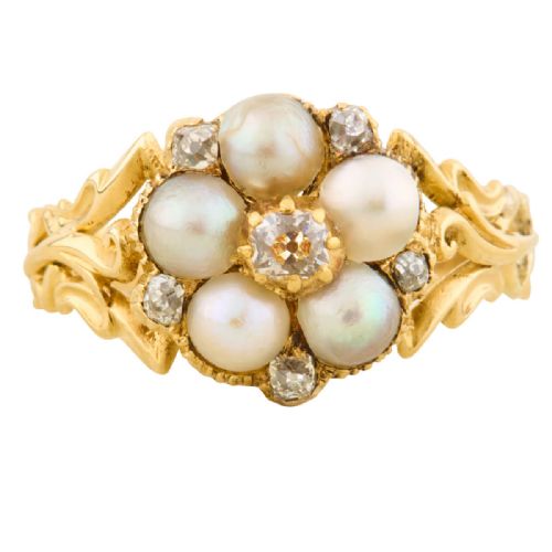 VICTORIAN 18CT GOLD PEARL DIAMOND DAISY CLUSTER RING - ADDITIONAL PHOTO 2