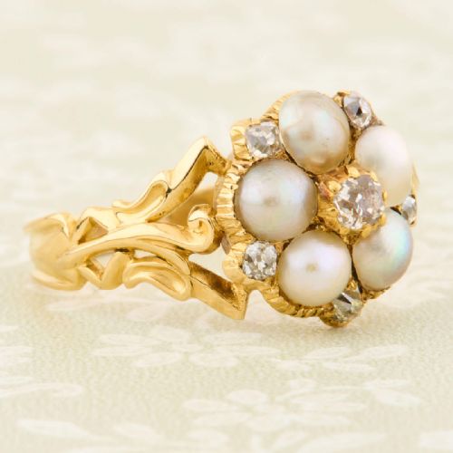 VICTORIAN 18CT GOLD PEARL DIAMOND DAISY CLUSTER RING - ADDITIONAL PHOTO 3