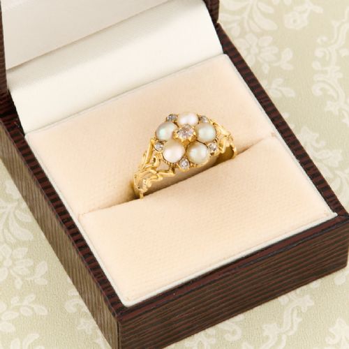 VICTORIAN 18CT GOLD PEARL DIAMOND DAISY CLUSTER RING - ADDITIONAL PHOTO 7