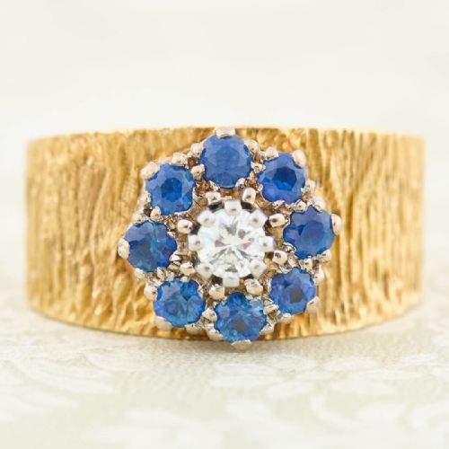 vintage 18ct gold wide sapphire diamond cluster ring 1968 - CATEGORY: ANTIQUE JEWELLERY - DATED 1960