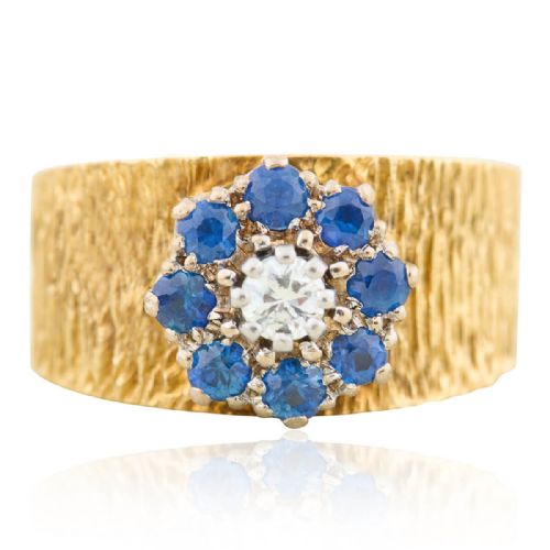 VINTAGE 18CT GOLD WIDE SAPPHIRE DIAMOND CLUSTER RING 1968 - ADDITIONAL PHOTO 1