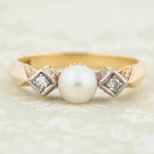art deco 14ct gold pearl diamond 3 stone ring - CATEGORY: ANTIQUE JEWELLERY - DATED 1930