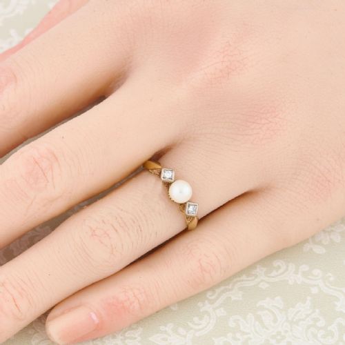 ART DECO 14CT GOLD PEARL DIAMOND 3 STONE RING - ADDITIONAL PHOTO 1