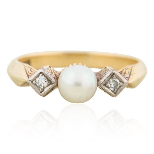 ART DECO 14CT GOLD PEARL DIAMOND 3 STONE RING - ADDITIONAL PHOTO 2